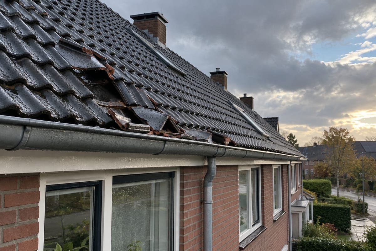 Losgewaaide dakpannen in de dakgoot na een storm